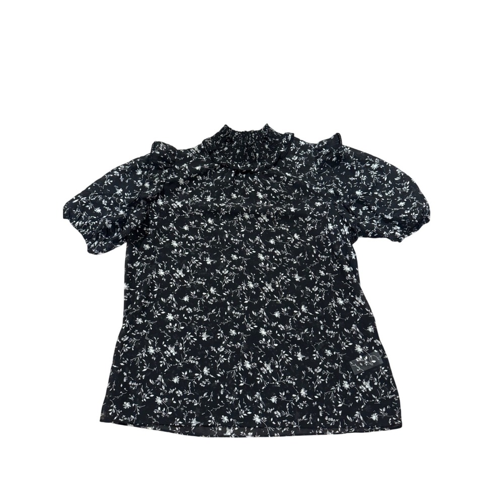 T Tahari Black Floral Smocked Mock Neck‎ Blouse – Size Small – NWOT